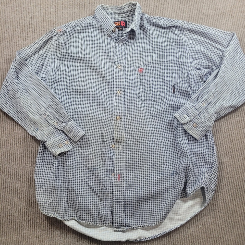 Lot of 2 Ariat Work FR Shirts Mens XL Blue Plaid Geometric Flame Resistant CAT 2